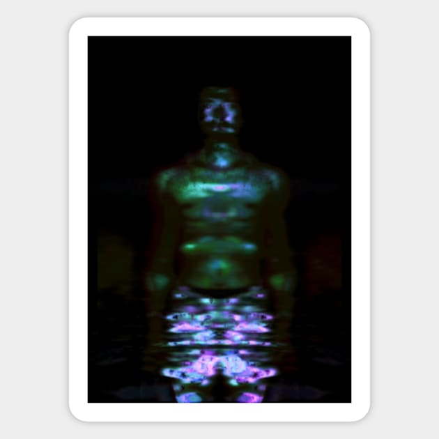 Portrait, digital collage and special processing. Muscular weird guy in briefs. Darkness. Glow. Sticker by 234TeeUser234